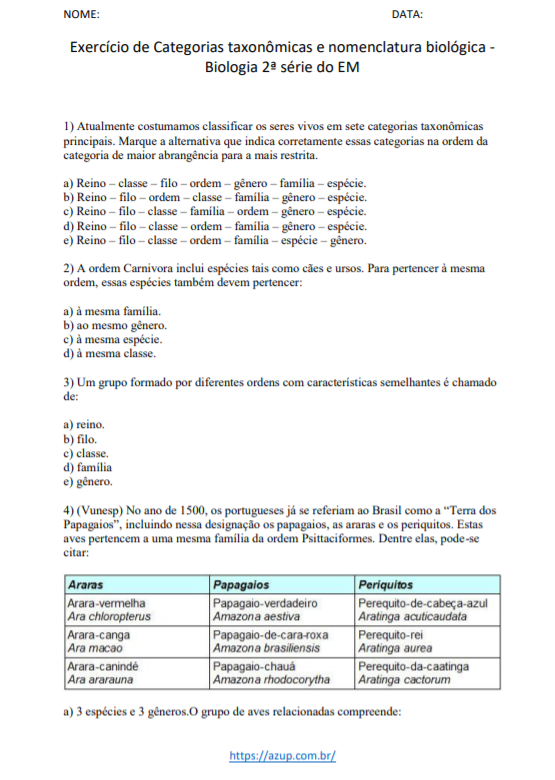 Exercícios de Biologia 2ª série