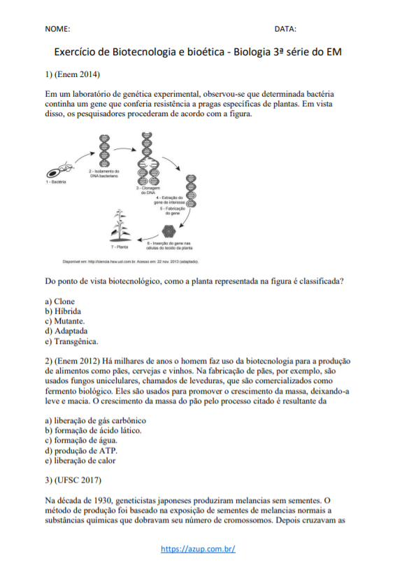 Exercícios de Biologia 3ª série