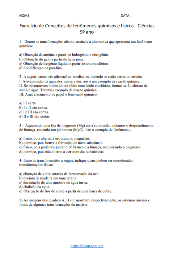 Exercícios de Ciências 9º ano Ensino Fundamental