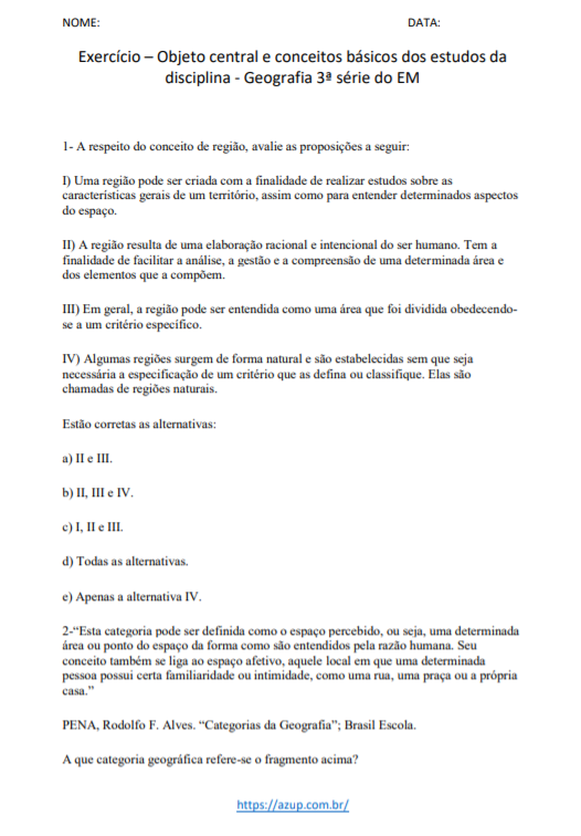 Exercícios de Geografia 3ª série