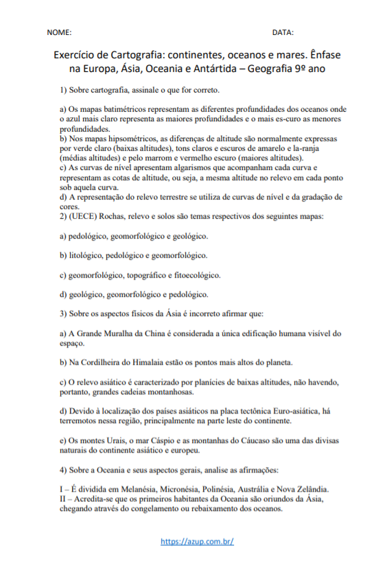 Exercícios de Geografia 9º ano Ensino Fundamental