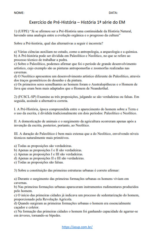 Exercícios de História 1ª série