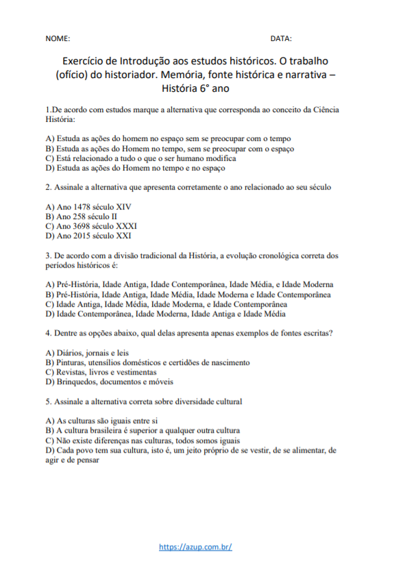 Exercícios de História 6º ano