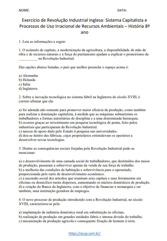 Exercícios de História 8º ano