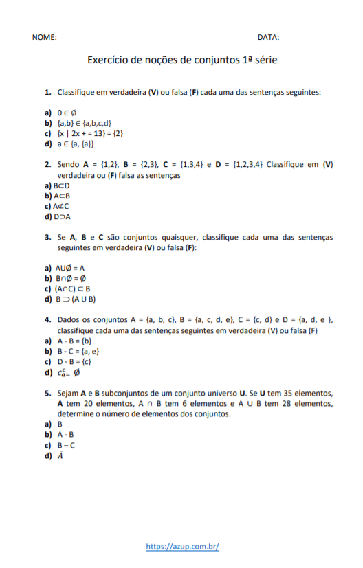 Exercícios de Matemática 1ª série