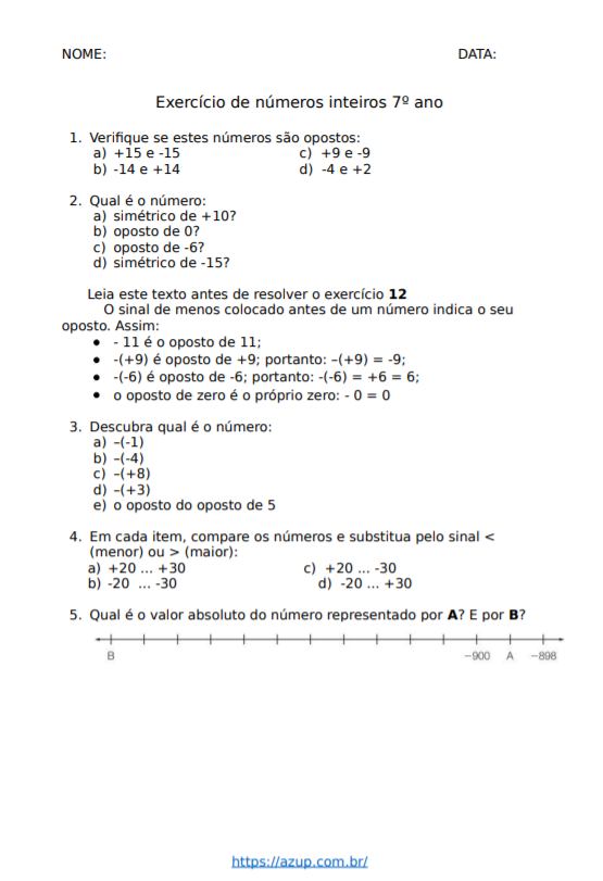 Exercícios de Matemática 7º ano