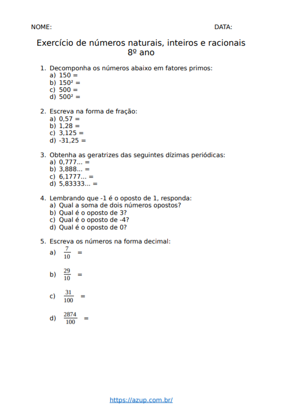 Exercícios de Matemática 8º ano