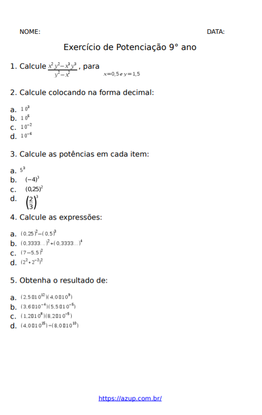 Exercícios de Matemática 9º ano Ensino Fundamental