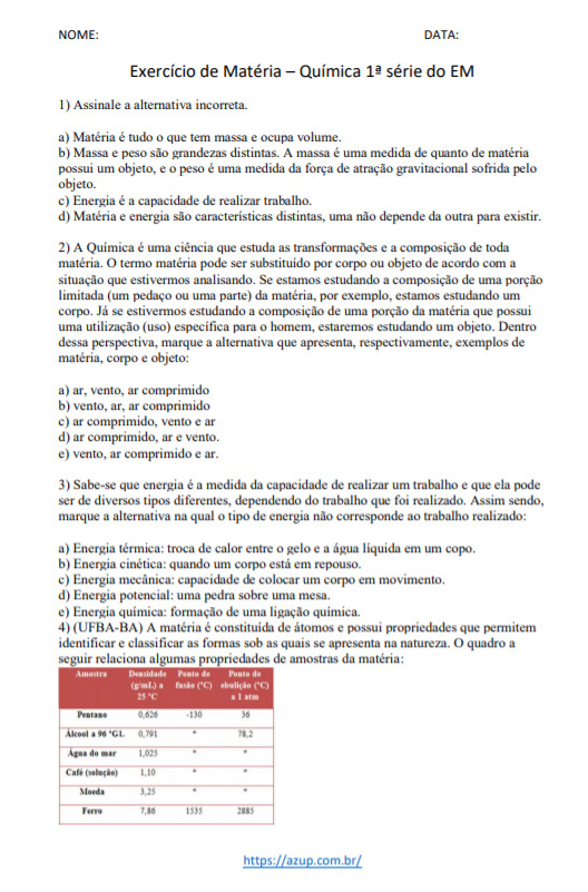 Exercícios de Química 1ª série