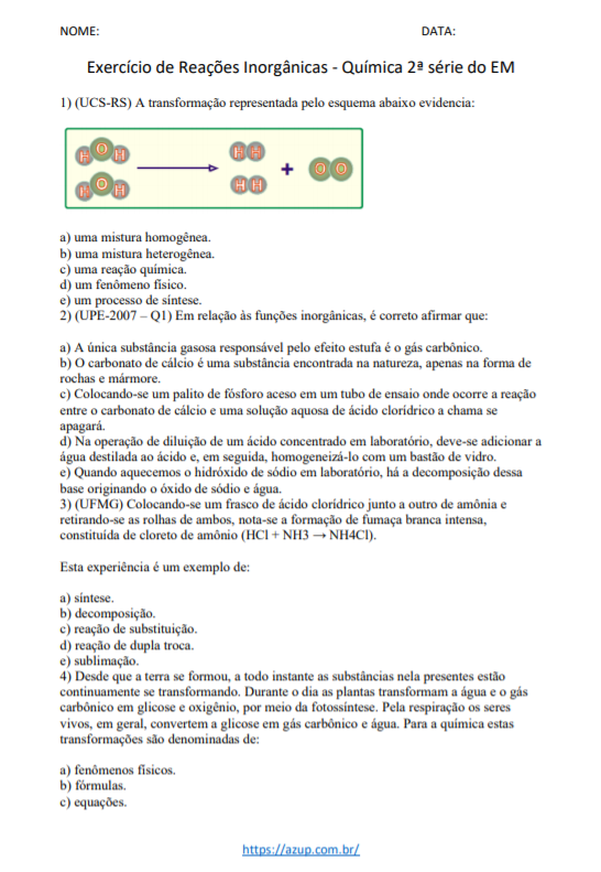 Exercícios de Química 2ª série